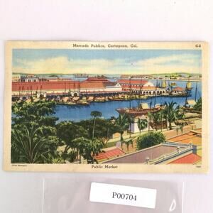 Mercado Publico Cartagena Colombia 1940s Linen Postcard Public Market